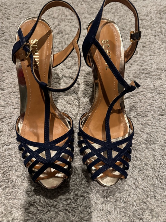SCHUTZ Shoes - SCHUTZ Navy Strappy T-Bar High Heel Sandals with Gold Footbed